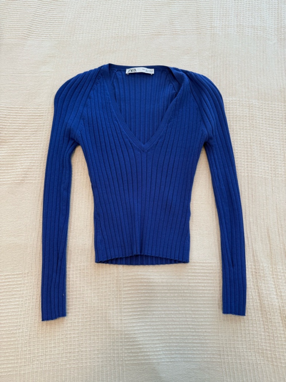 Zara Ribbed V-Neck Long Sleeve top - Blue